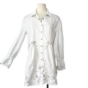 Free People Constance Mini Dress Embroidery Button-Up Long Sleeve Cotton White M